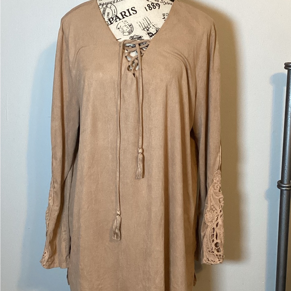 BUCKSKIN FAUX SUEDE LACE UP CROCHET BELL SLEEVE TUNIC by STYLE & CO. SIZE LG